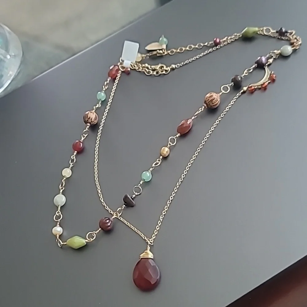 Carnelian Teardrop Pendant Necklace 14kt Gold Filled Half Moon with Dangles - Picture 8 of 8